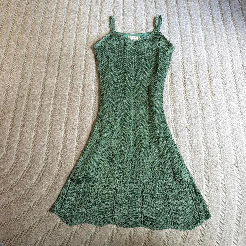 VTG Y2K Kroshetta by Papillon Sage Green Crochet Knit Dress size Large Fairycore